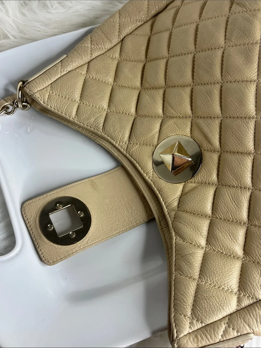 Kate Spade  Quilted Cream Leather Shoulder Bag with Chain Detail